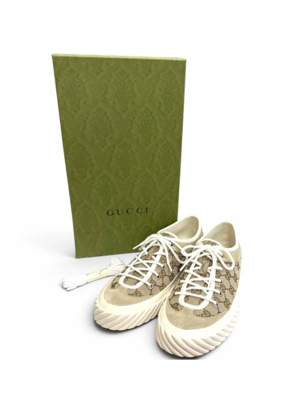 Gucci GG Canvas Suede Lace-up Low Top Sneakers Beige